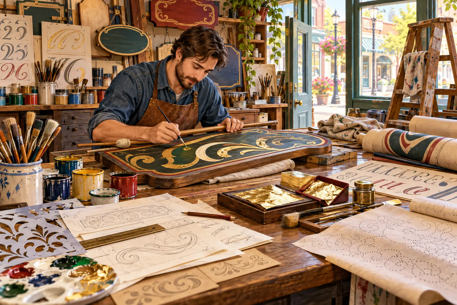 A sign painter works at a wooden bench surrounded by brushes, enamel paints, gilding tools, layout sketches, stencils, banners, and decorative signs in a sunlit storefront studio.