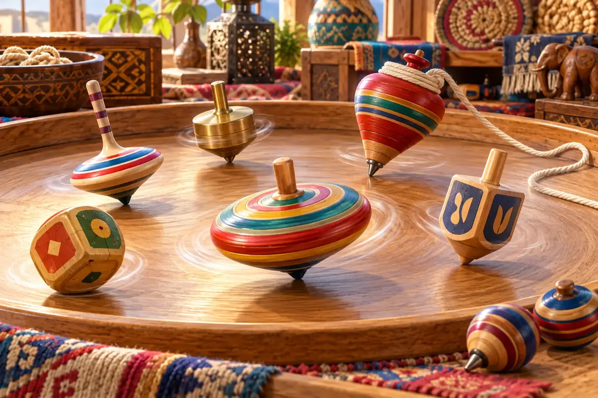 Colorful traditional spinning tops from around the world whirl inside a warm wooden play arena.