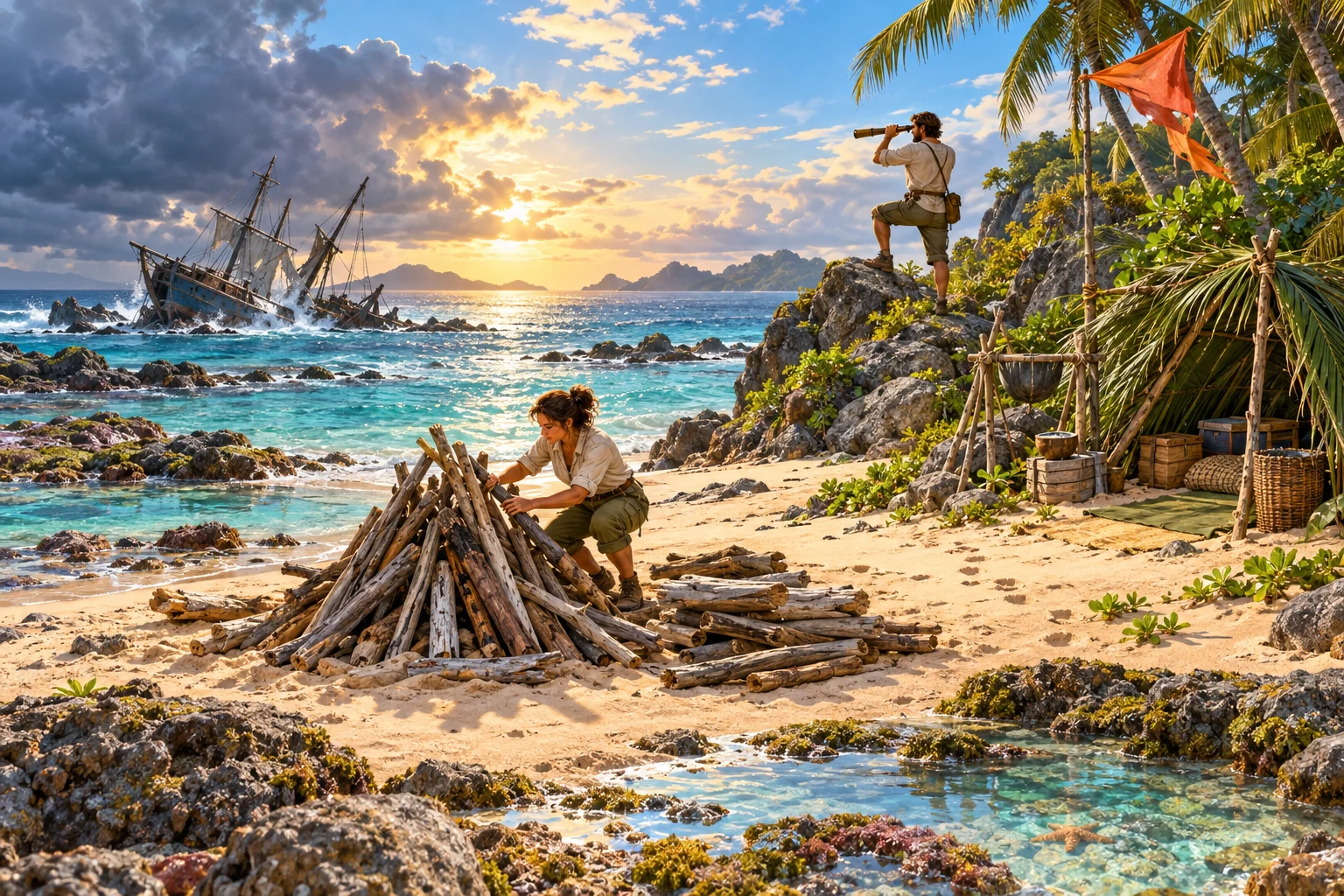 Two resourceful castaways prepare a rescue signal on a tropical shoreline while a wrecked sailing vessel rests near the reef beneath clearing storm clouds.
