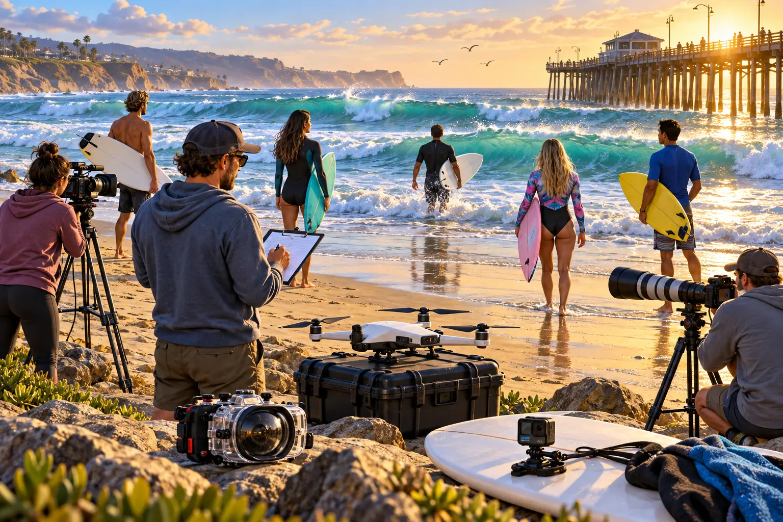 A documentary crew prepares cameras, a drone, and waterproof equipment while five surfers carry boards toward curling waves beside a sunlit pier.