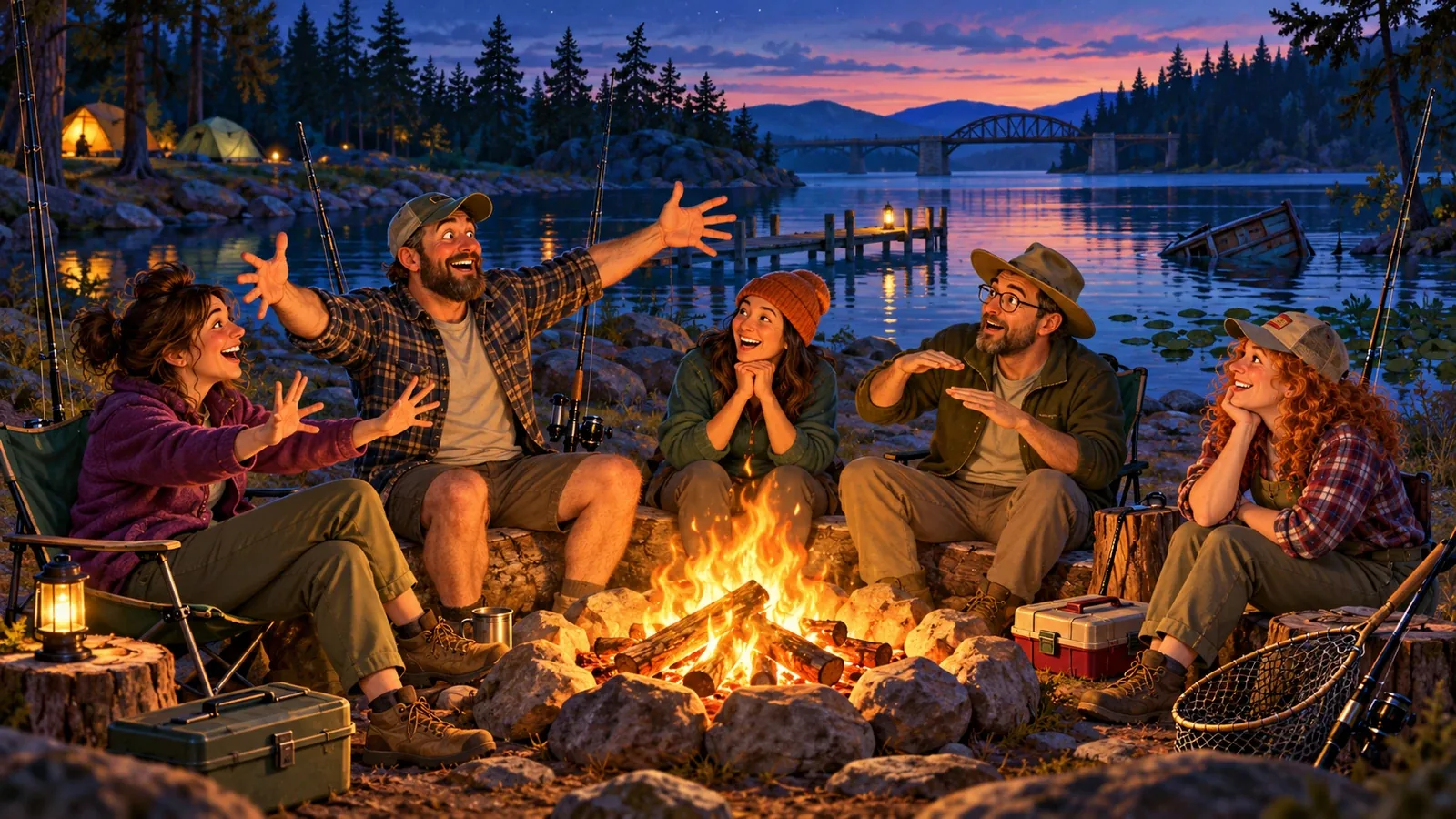 Five friends laugh and gesture around a glowing lakeside campfire while sharing exaggerated fishing stories at twilight.