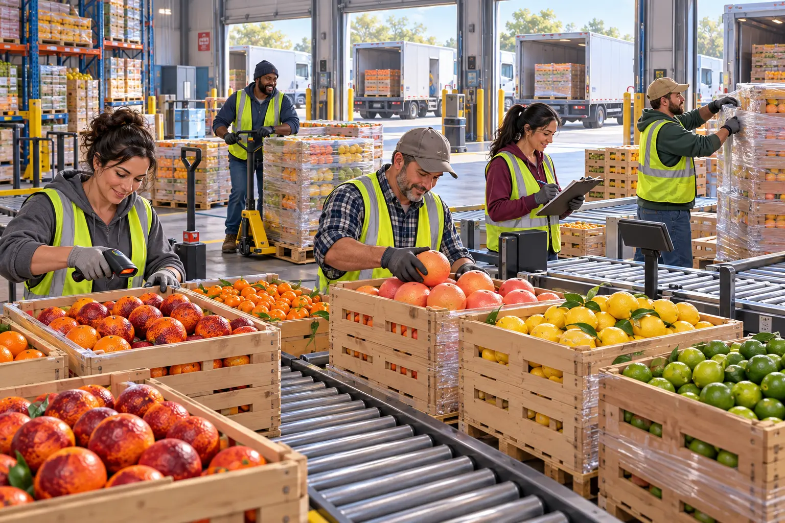 Five warehouse packers sort and prepare colorful citrus crates for delivery beside conveyors, pallet jacks, and open loading bays.