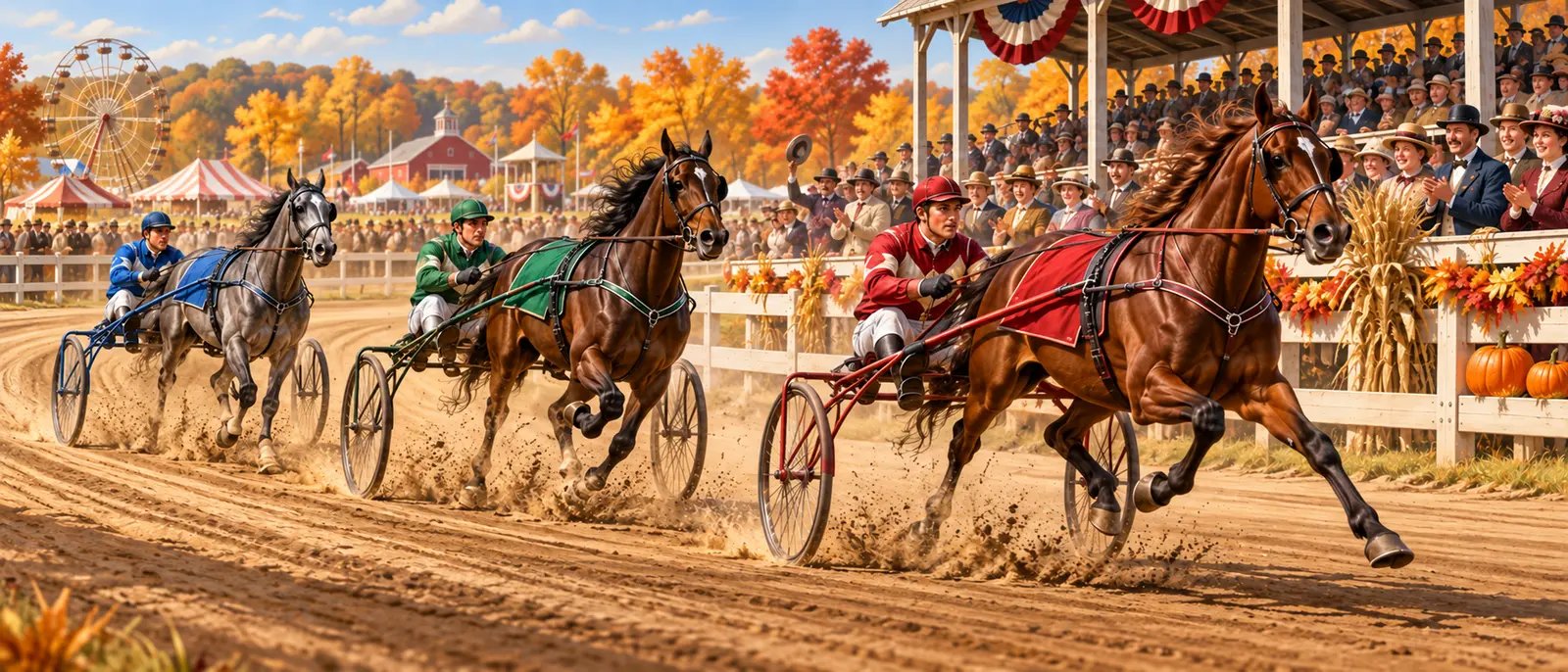 Three horse-and-buggy race teams in colorful sporting clothes charge around a dirt track at an autumn county fair.