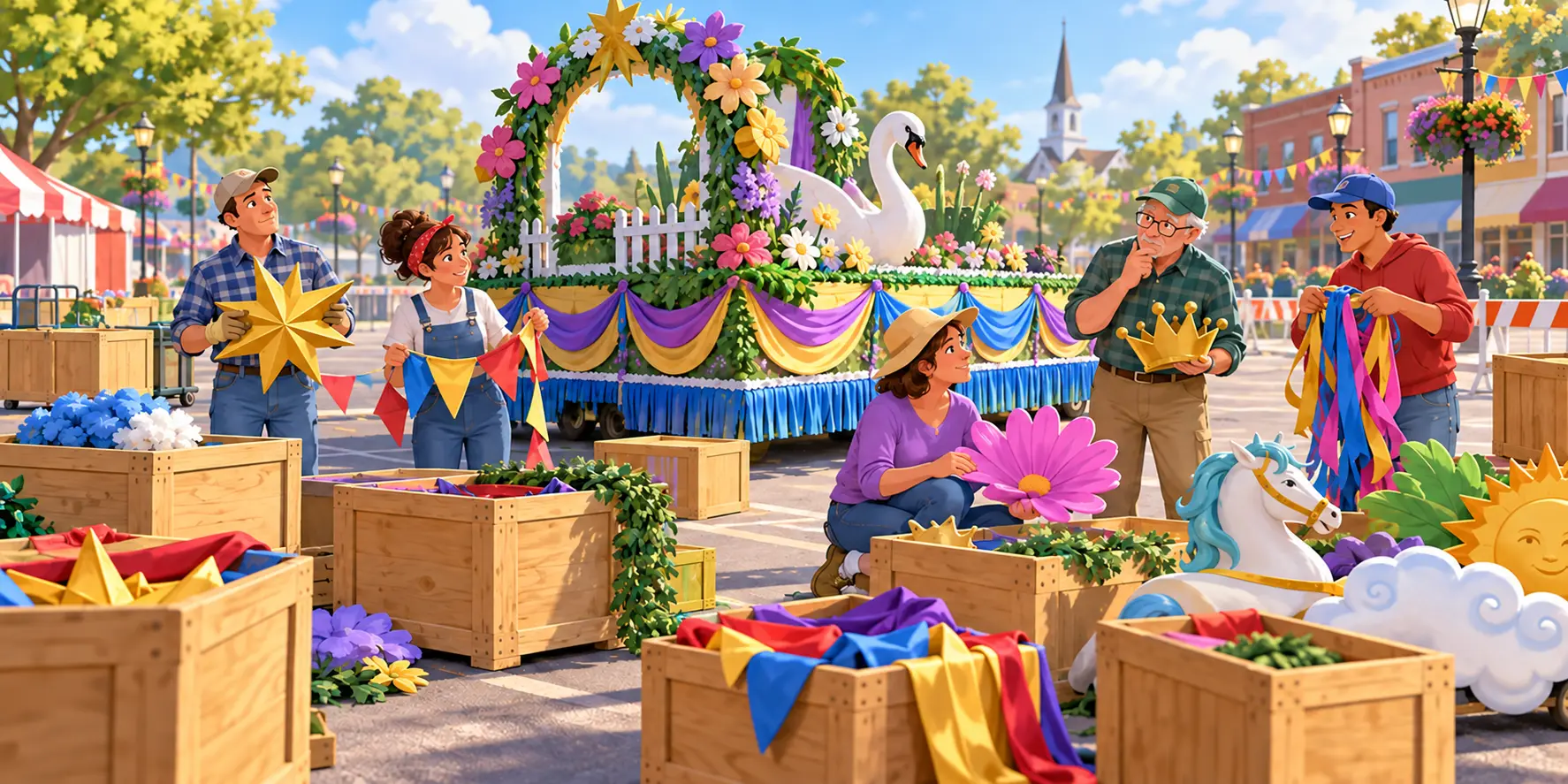 Community volunteers sort colorful float decorations among unlabeled wooden crates beside a flower-covered parade float on a sunny small-town street.