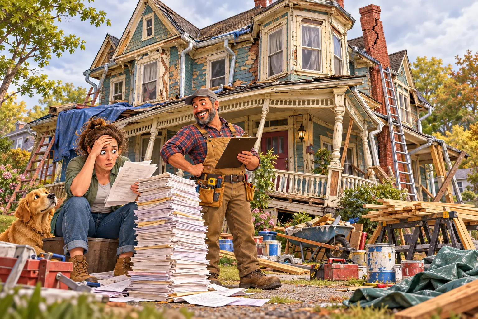 A weary homeowner studies a towering stack of invoices while a cheerful contractor stands before a deteriorating Victorian house surrounded by ladders and repair materials.