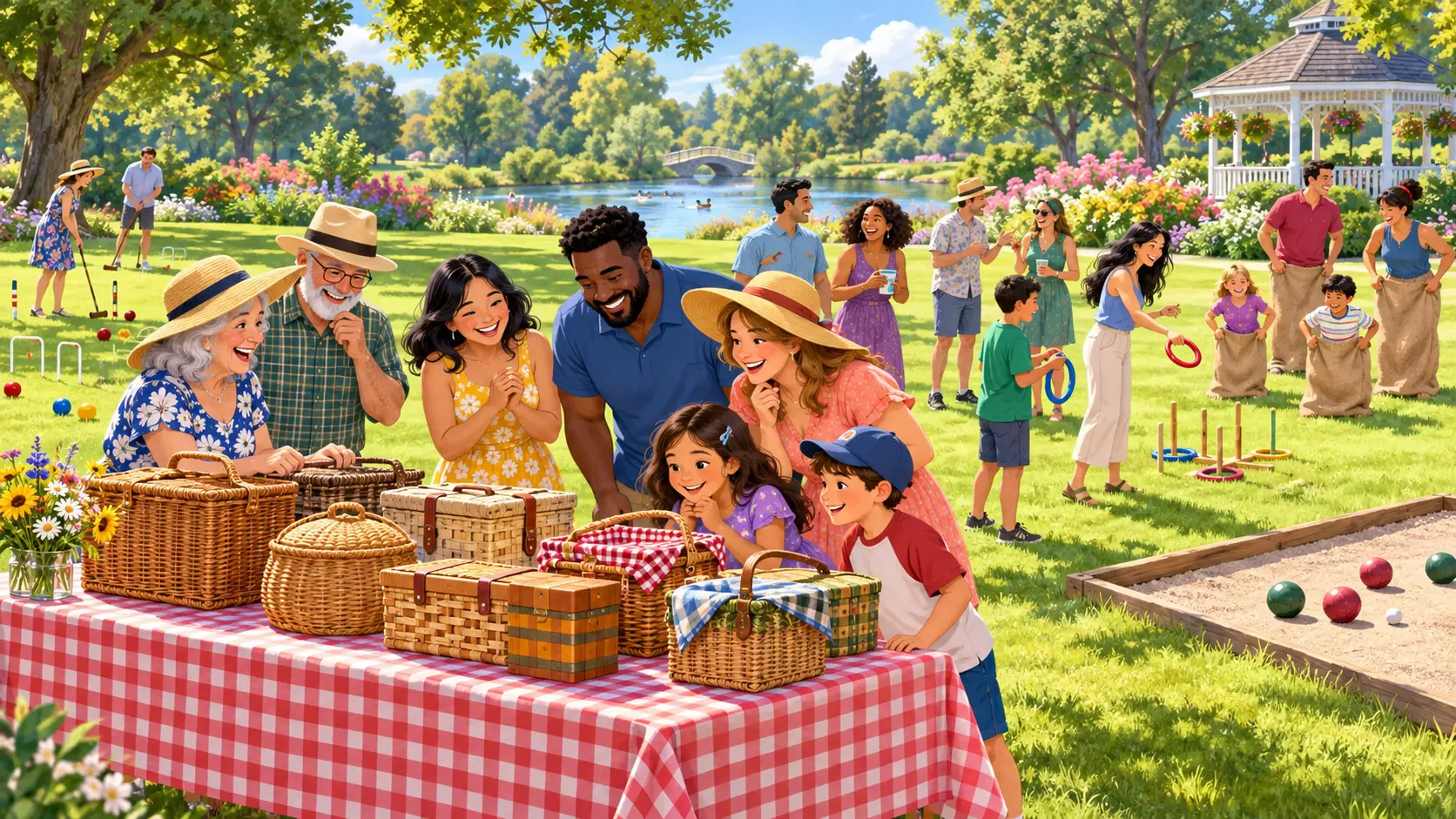 Families and friends gather around a table of picnic baskets while croquet, ring toss, bocce, horseshoes, and a sack race take place across a sunny park lawn.