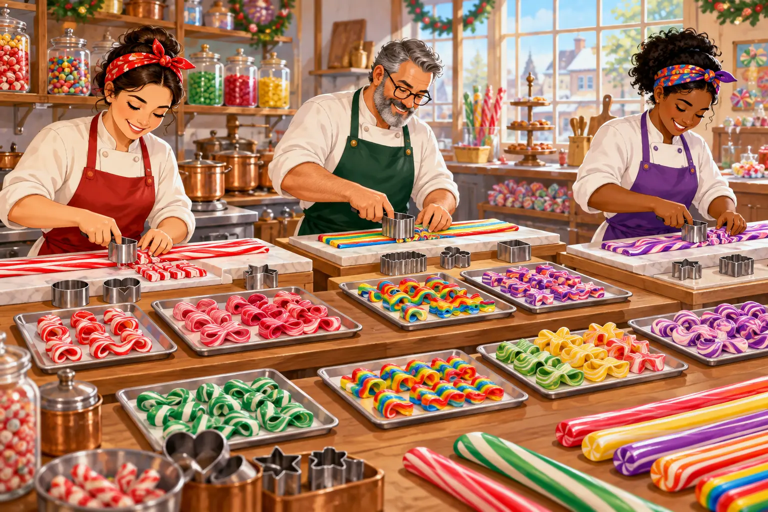 Three confectioners cut colorful ribbon candy with assorted metal cutters among many trays in a bright traditional candy workshop.