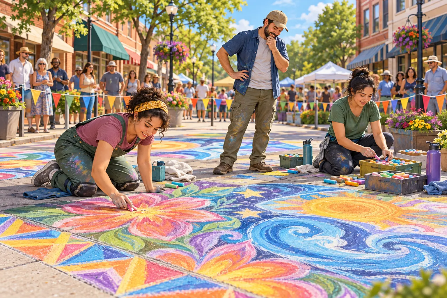Three adult sidewalk-chalk artists create a colorful collaborative pavement display during a sunny small-town arts festival.