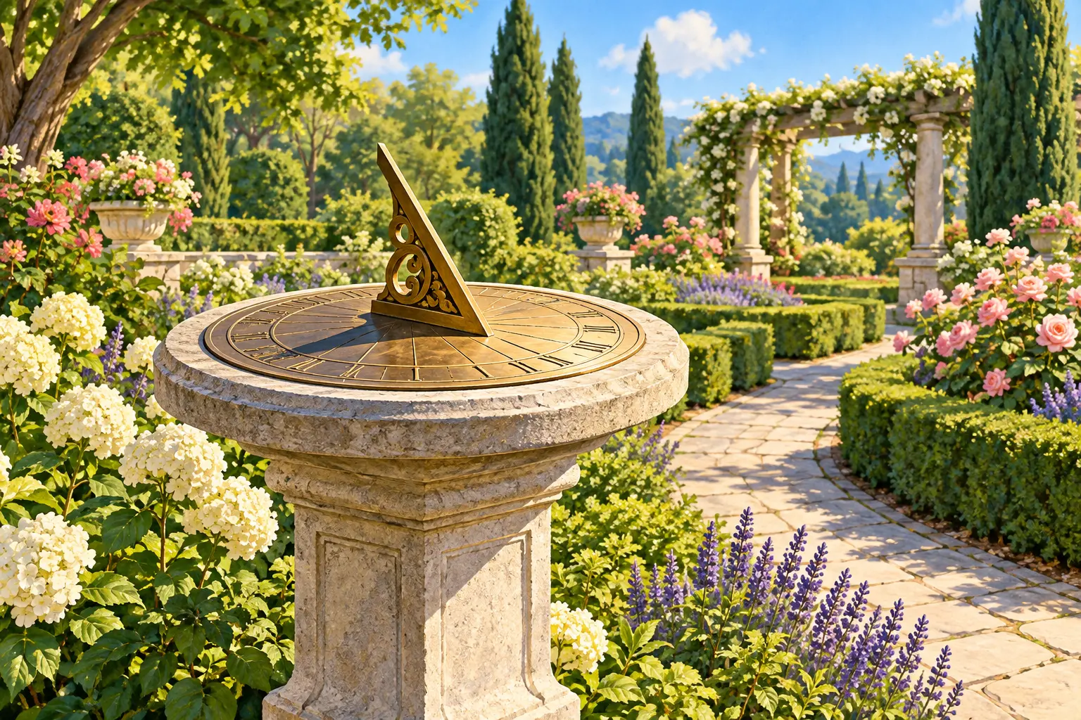 An elegant brass sundial on a carved stone pedestal stands among roses, hydrangeas, clipped hedges, and a flower-covered garden pergola.