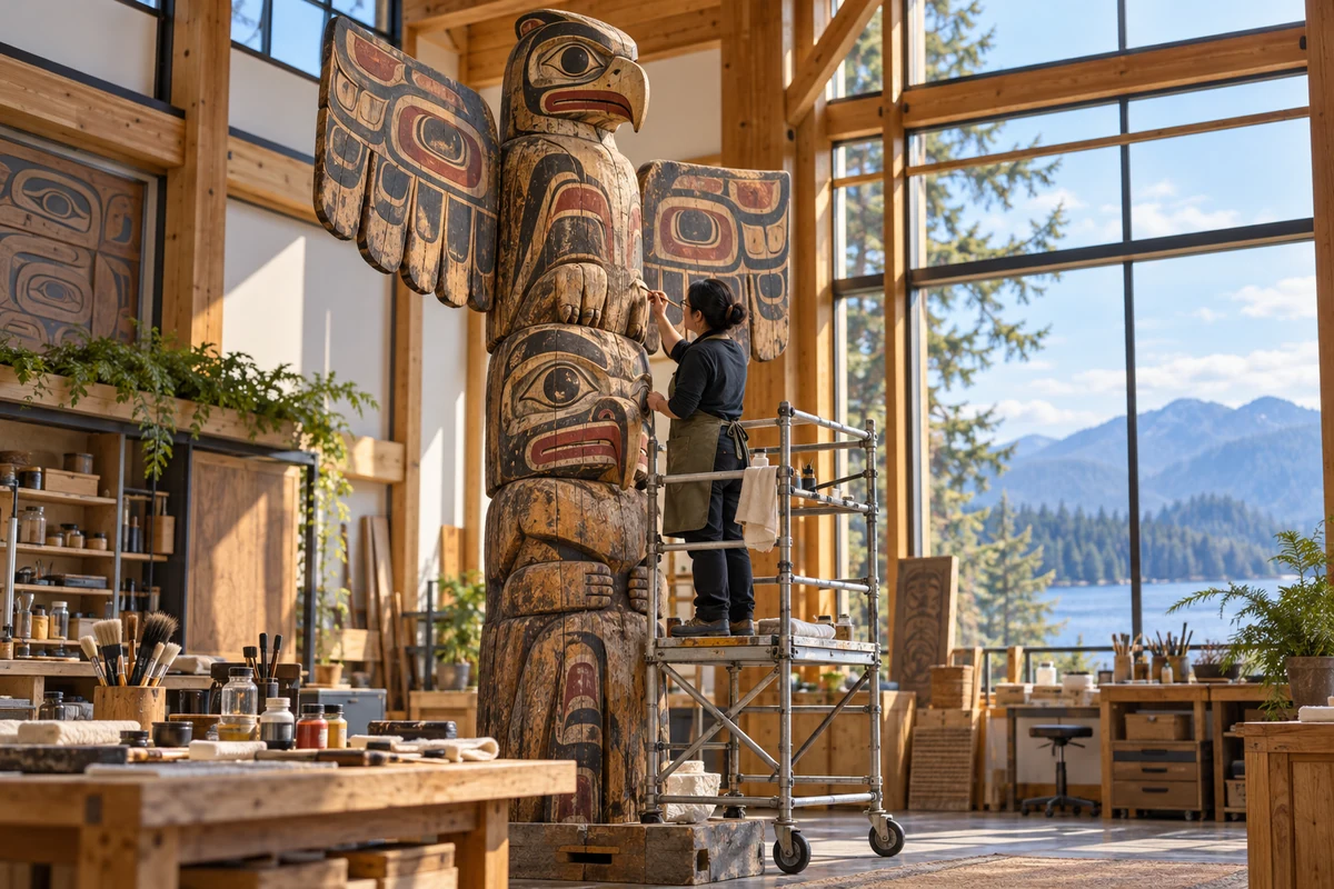 A community artist carefully restores a single weathered cedar totem pole from a rolling scaffold inside a bright Pacific Northwest workshop.