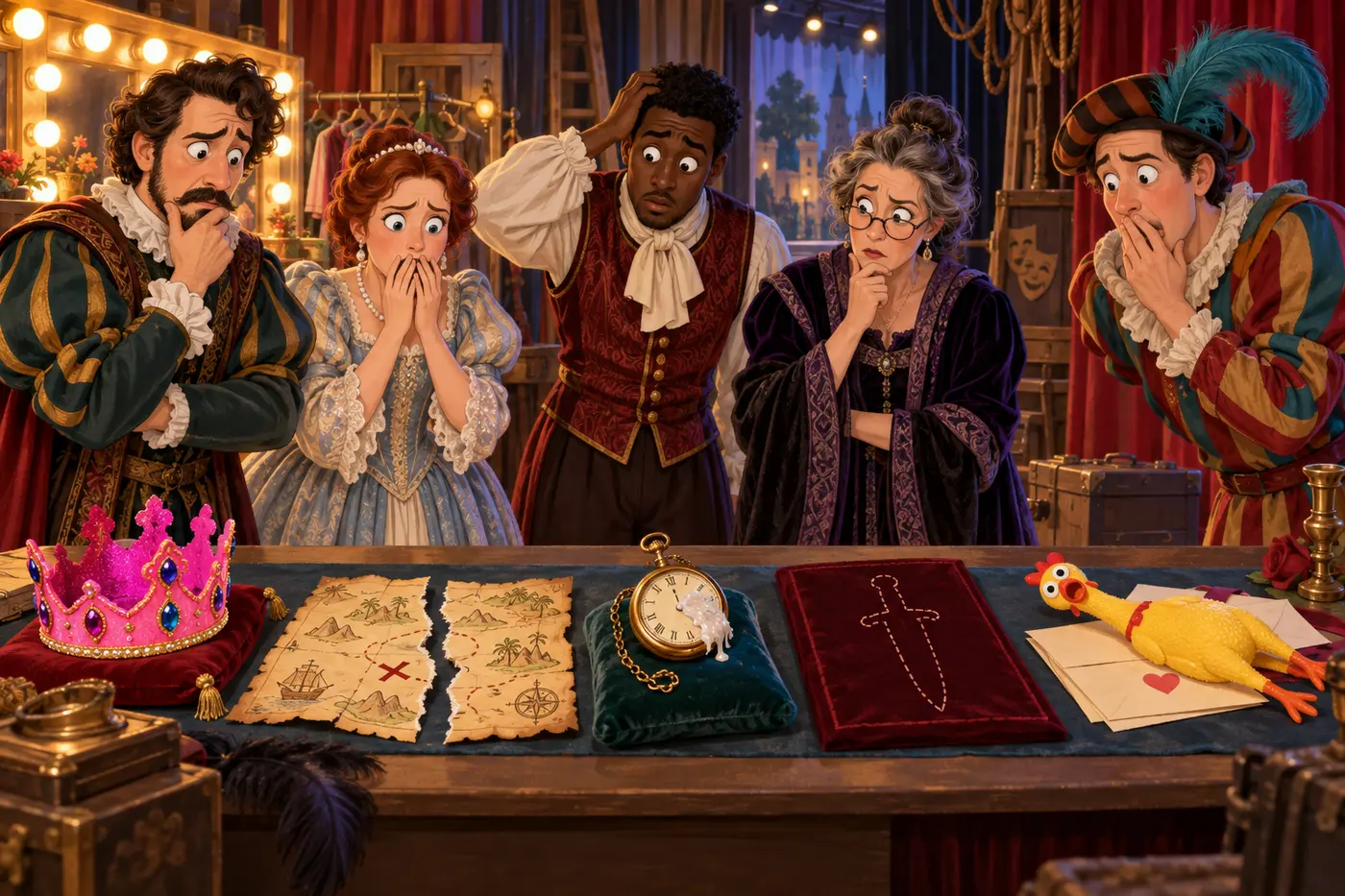 Five equally suspicious community-theater actors discover a pink crown, torn treasure map, glued pocket watch, missing dagger, and rubber chicken among their sabotaged props.