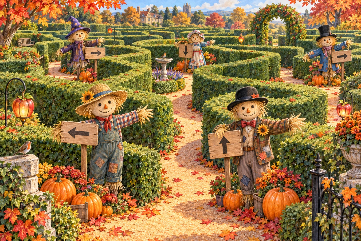 Five friendly scarecrows wearing different hats present directional signs among autumn hedge-maze paths, pumpkins, colorful leaves, and glowing lanterns.