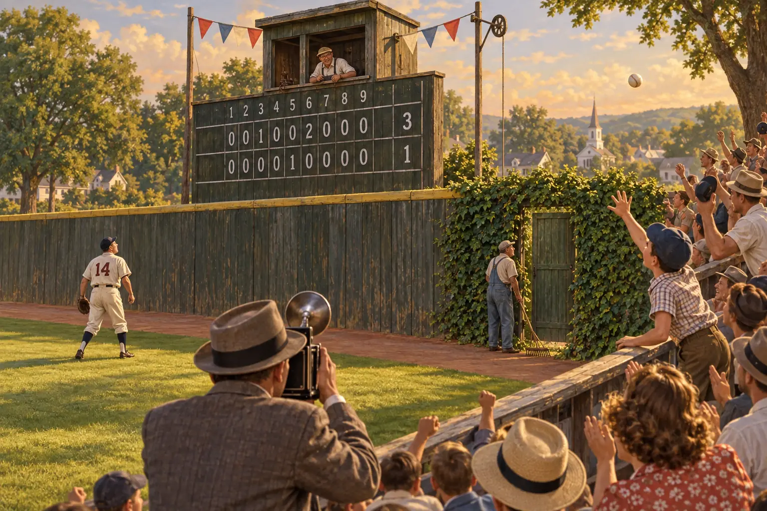 An old-timers baseball exhibition erupts at a nostalgic community ballpark as a right fielder and four other witnesses watch an apparent home run near the wooden scoreboard and right-field fence.