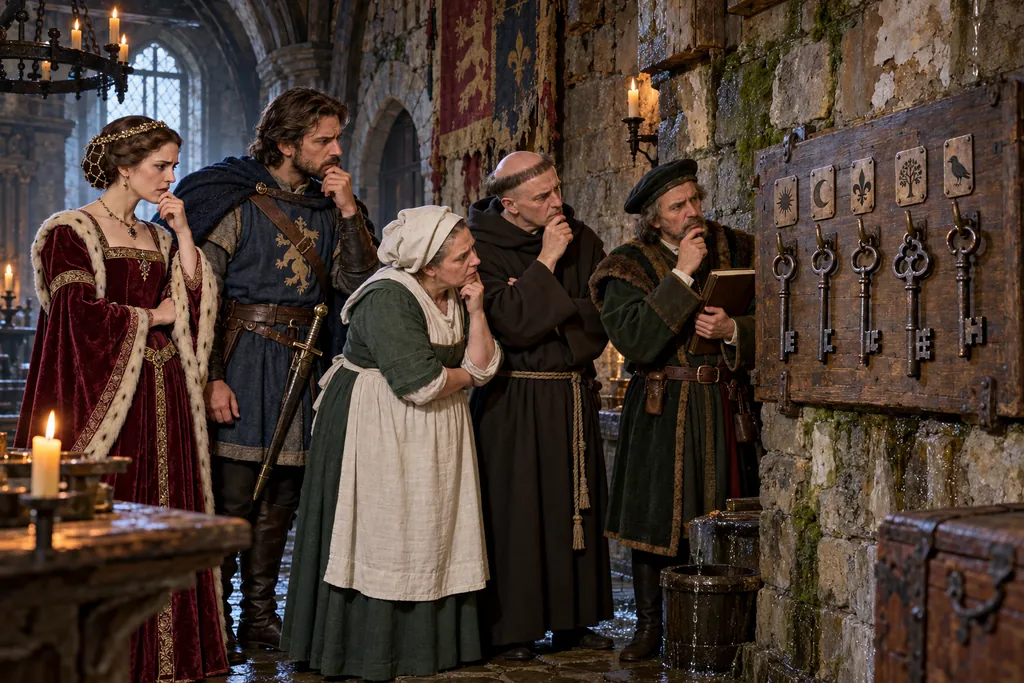 Five properly dressed medieval castle residents examine five tagged keys hanging on the wrong hooks inside a dark, damp key chamber with crumbling stonework, moss, and dripping water.
