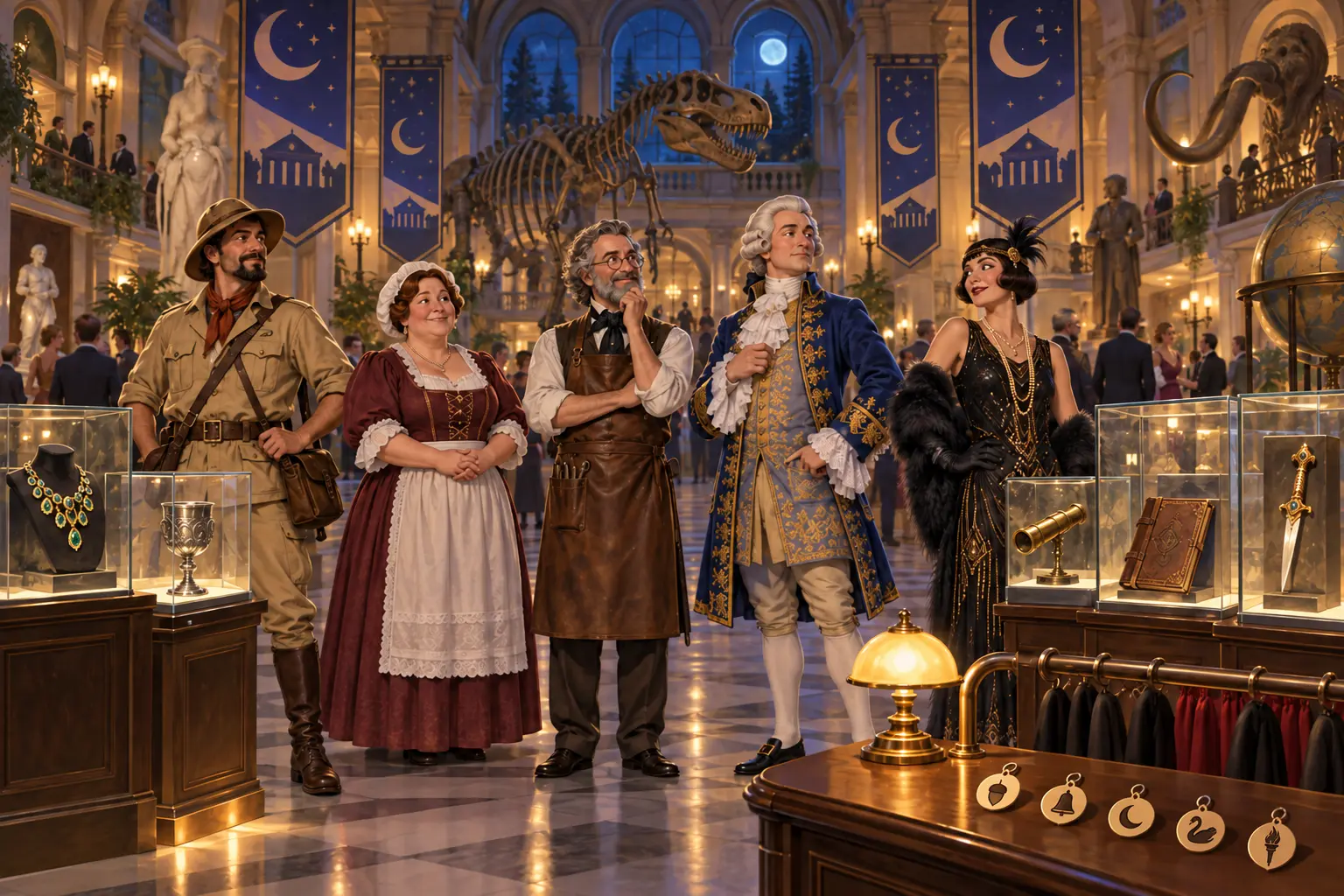 Five costumed historical performers gather beneath moonlit arches during a lively museum evening, with protected artifacts in glass cases and five symbol-marked cloakroom tickets on the counter.