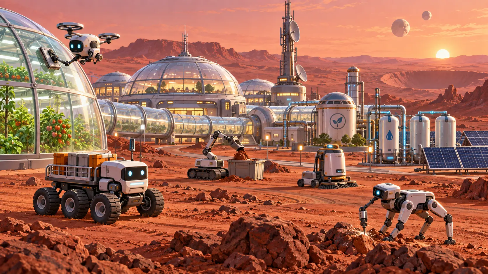 Five autonomous service robots move through the domes, towers, and illuminated corridors of the established Musk Haven colony beneath the red Martian sky.