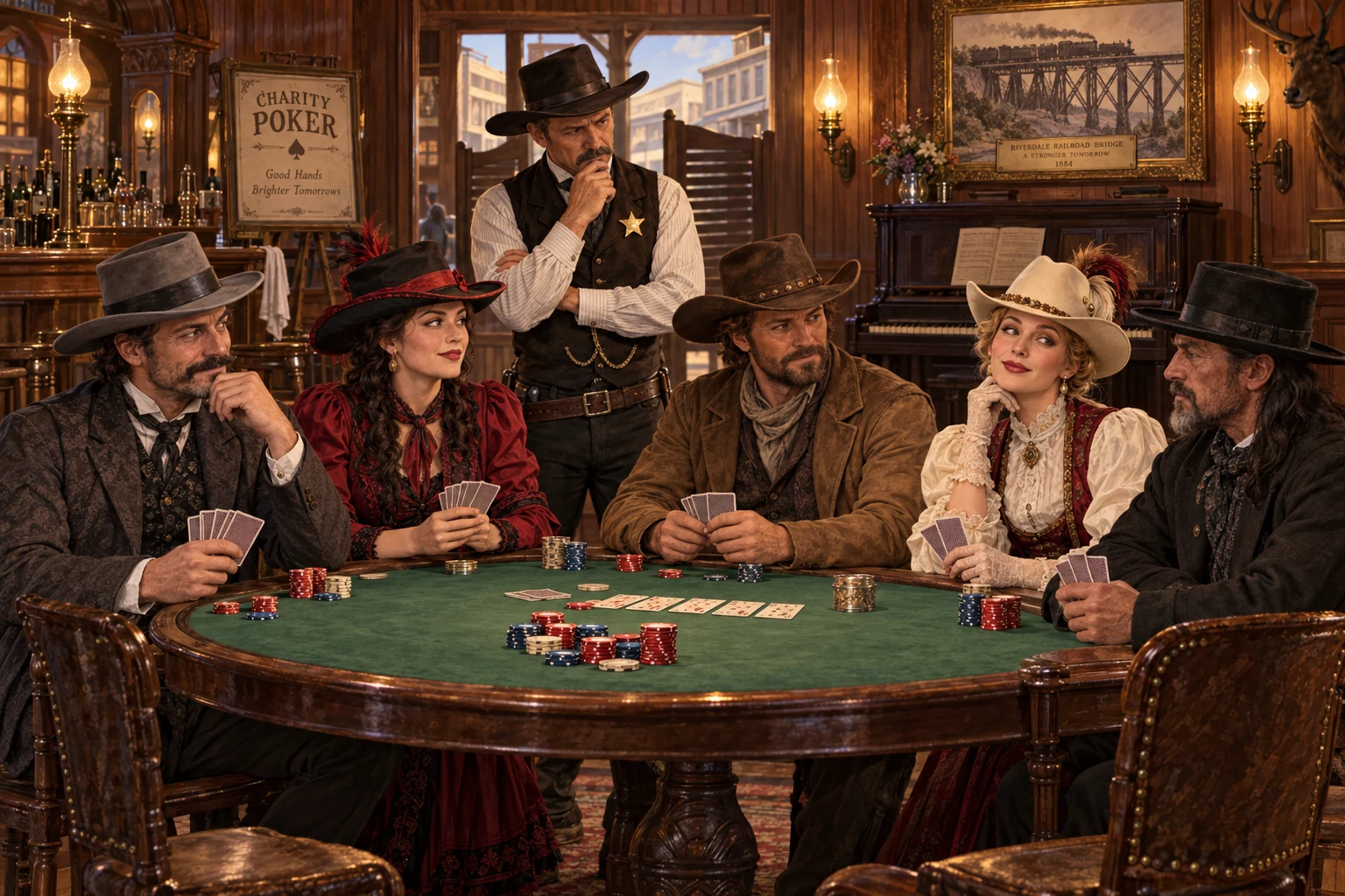 Five distinctive Old West poker contestants sit at the Silver Spur table while Sheriff Holt studies them beneath a railroad bridge plaque.