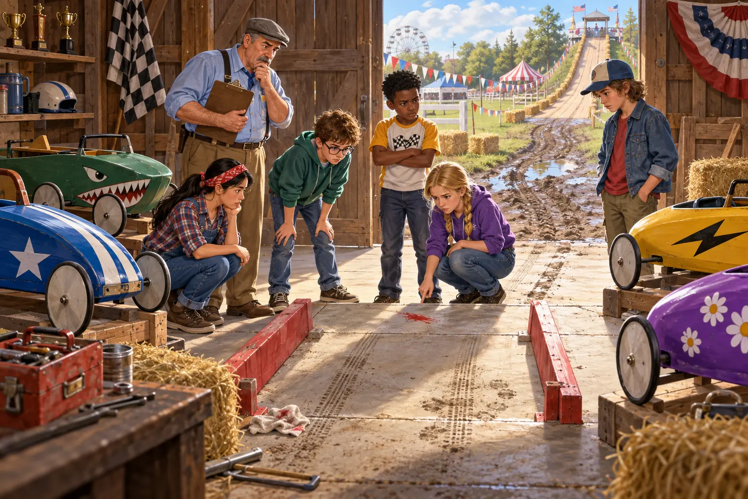 Five young soapbox derby drivers and an official examine the empty inspection bay where the red Crimson Comet disappeared, with four colorful racers still inside the barn.