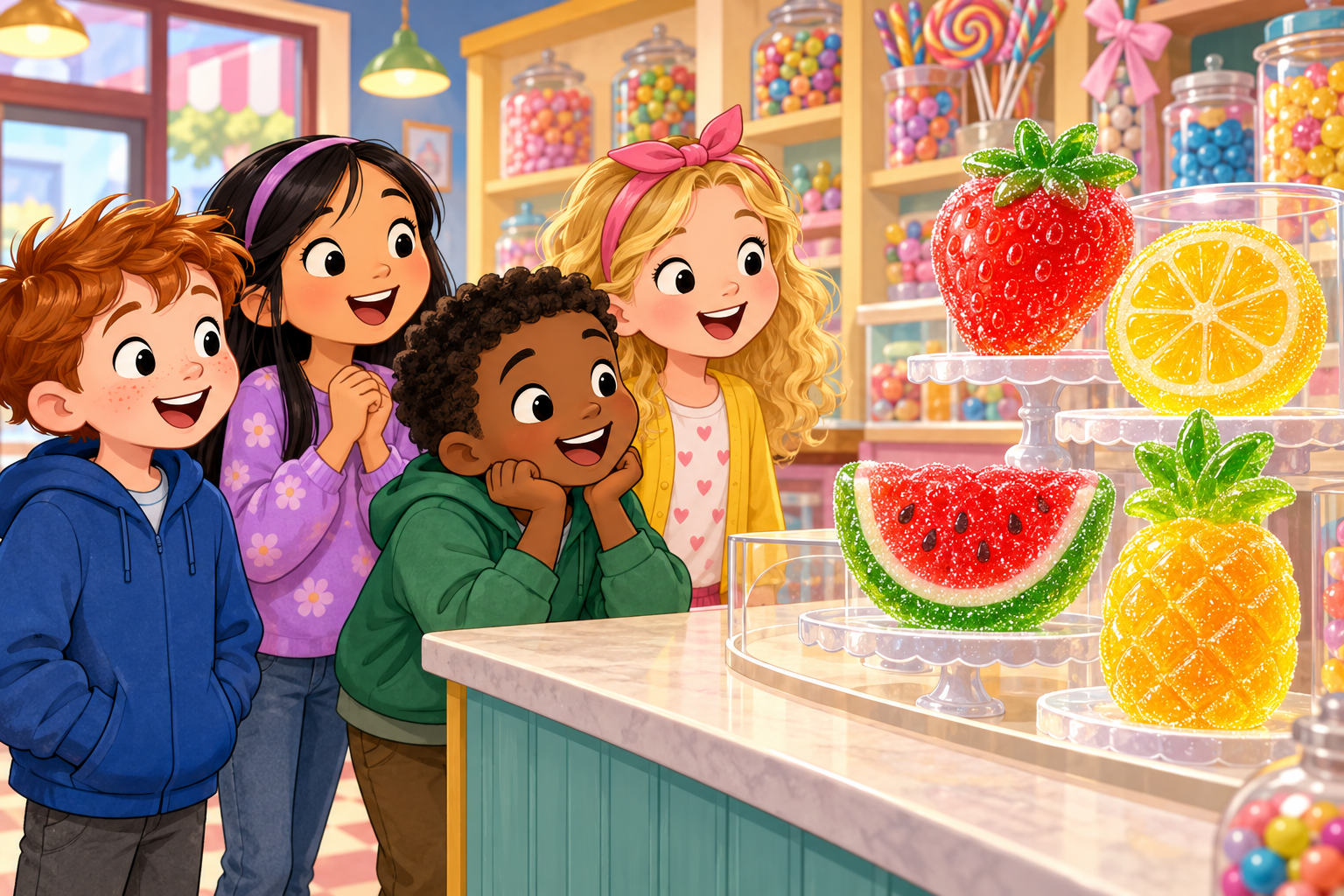 Four children viewing fruit-shaped gummies in a cheerful candy shop
