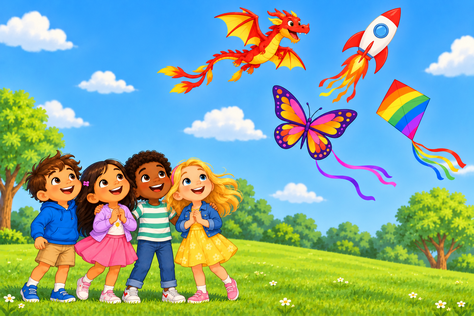 Four children in a park beneath four playful kite designs