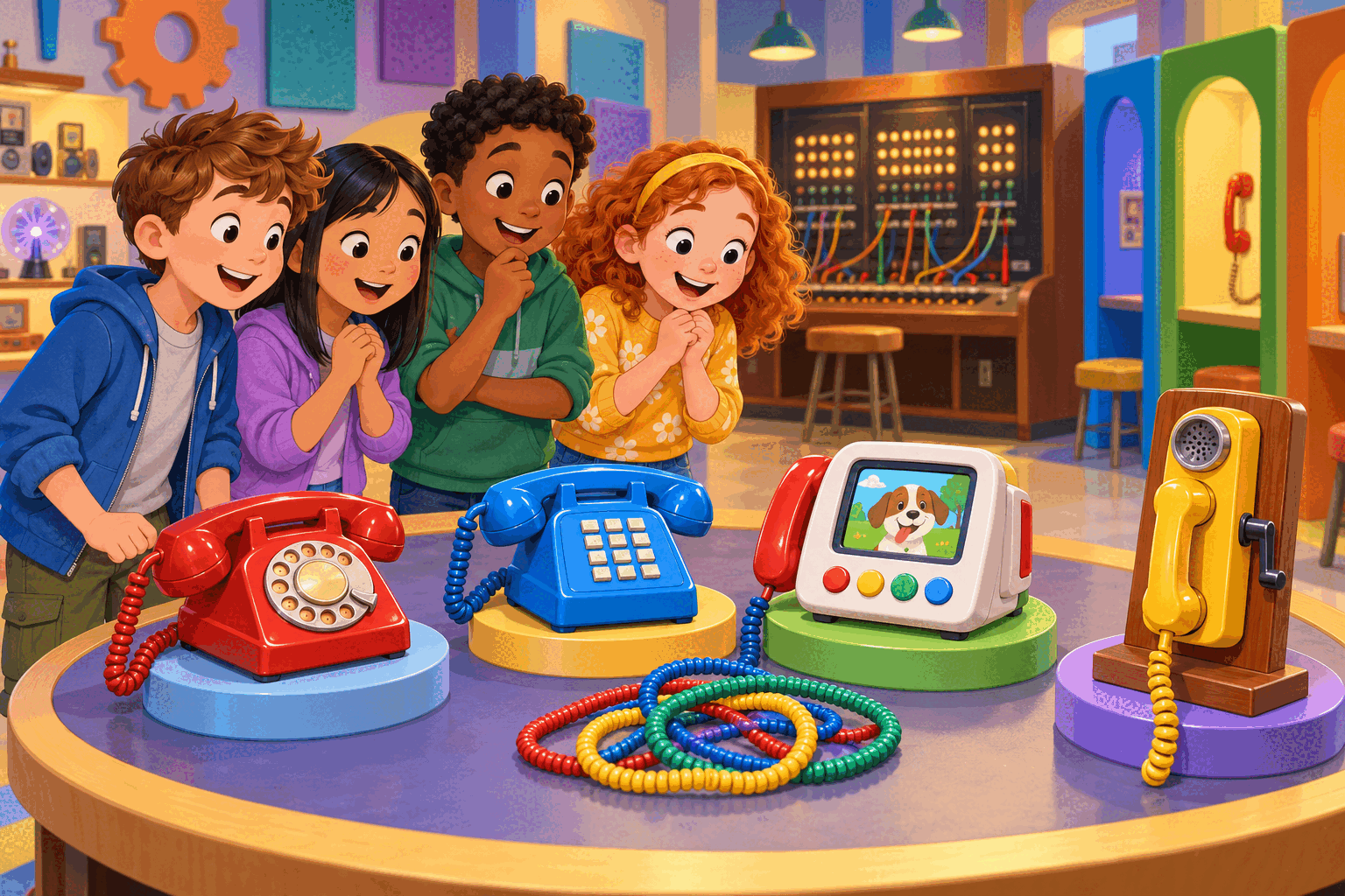 Four children at a cheerful switchboard exhibit with rotary, push-button, picture, and wall-style toy telephones